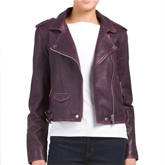 Amaryllis Distressed 100% Leather Moto Deep Jacket Purple Asymmetric Zip Size S - Picture 6 of 15